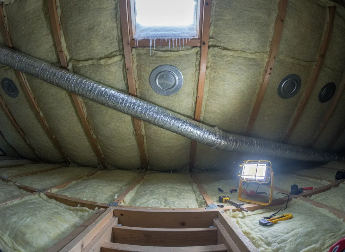 Illustration of frost and staining on attic sheathing in a Montana home