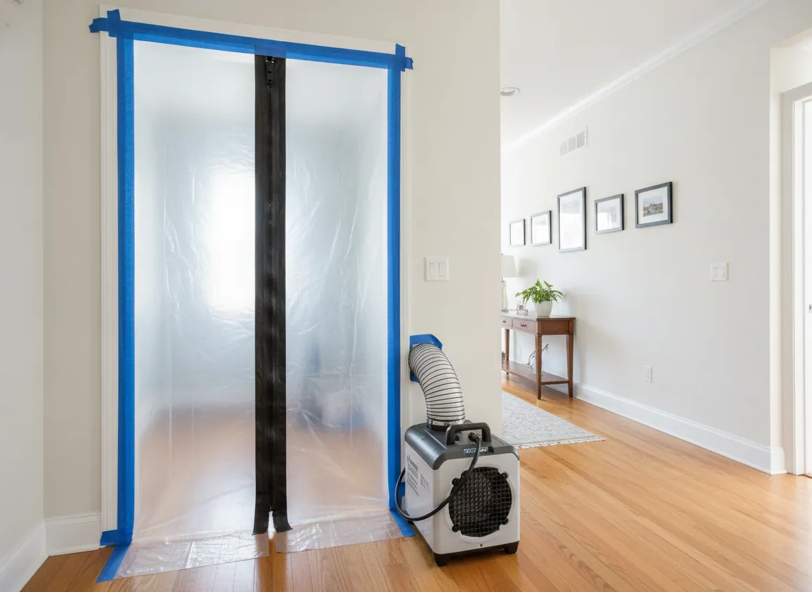 Illustration of plastic containment and an air scrubber set up in a hallway